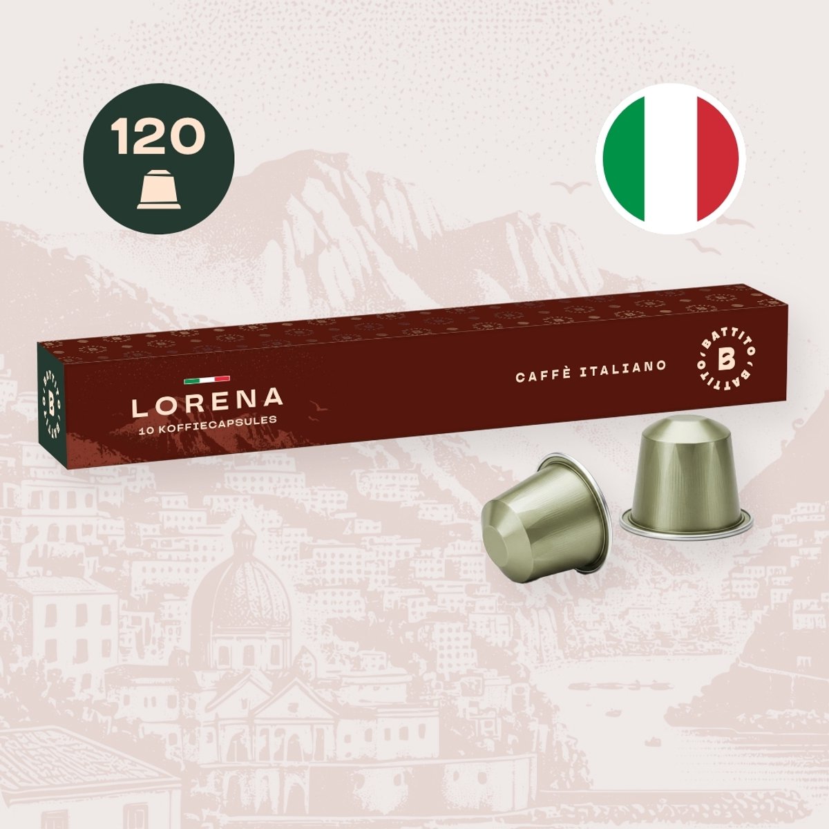 Battito 'Lorena' Italiaanse koffiecups - Lungo en Cappuccino - Intensiteit 7/10 - Ambachtelijke kwaliteit uit Napels, Italië - 120 capsules