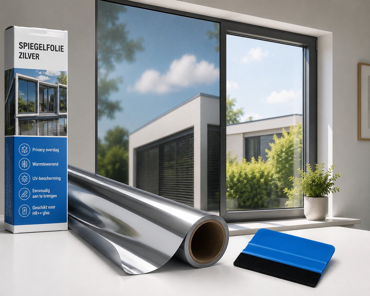 Muursticker4sale.nl Spiegelfolie Zilver – Zonwerende Raamfolie – Tegen Hitte & Inkijk – Zelfklevend – HR++ Geschikt - 30 x 200 cm Geen kleur