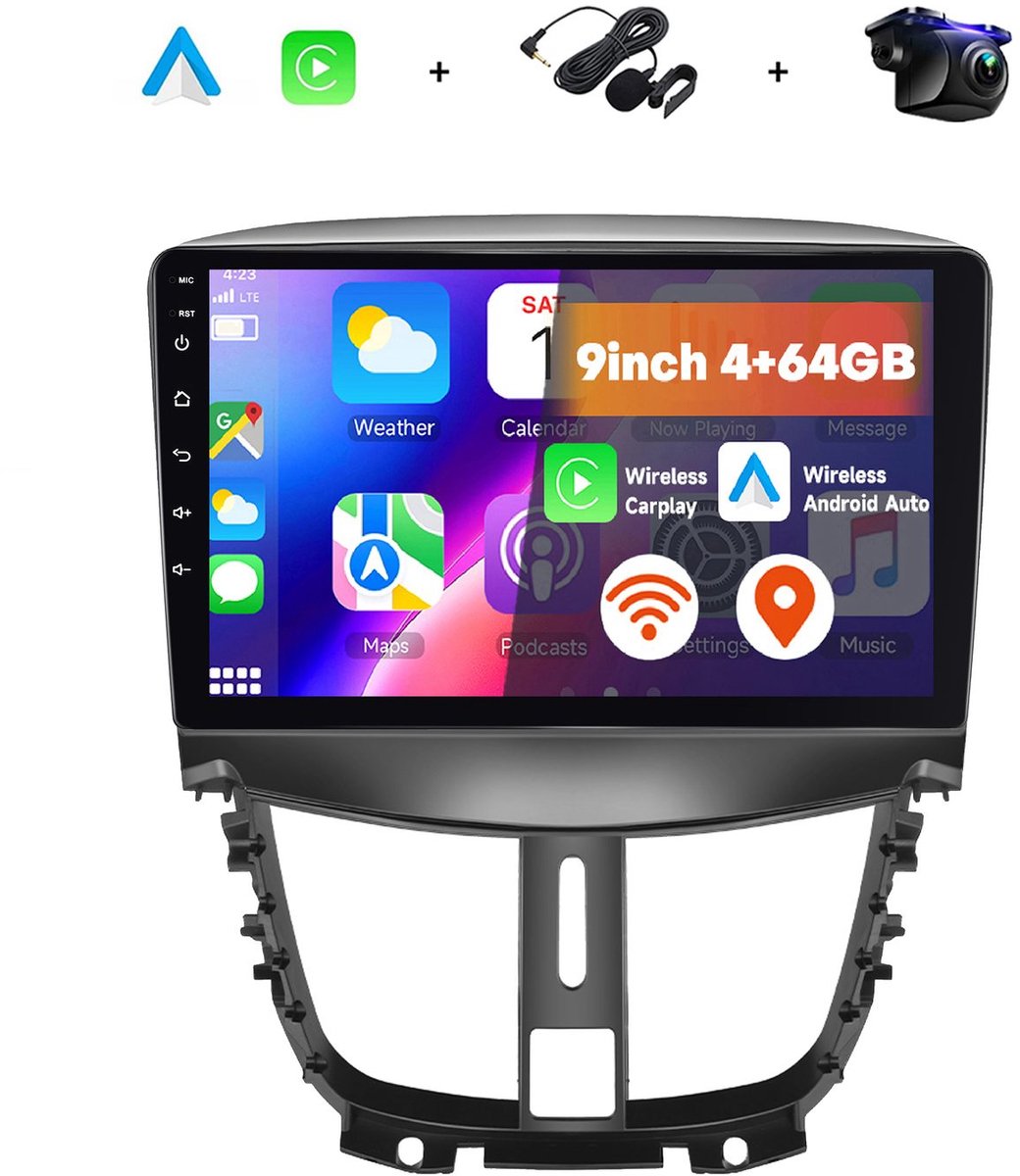 Boscer 2 Din Android 15 Autoradio - Geschikt voor Peugeot 207 (2009-2013) - Draadloos Apple Carplay & Android Auto - 4+64GB - 9 Inch HD IPS Touchscreen - GPS Navigatie - WIFI, Bluetooth & USB - Achteruitrijcamera & Microfoon