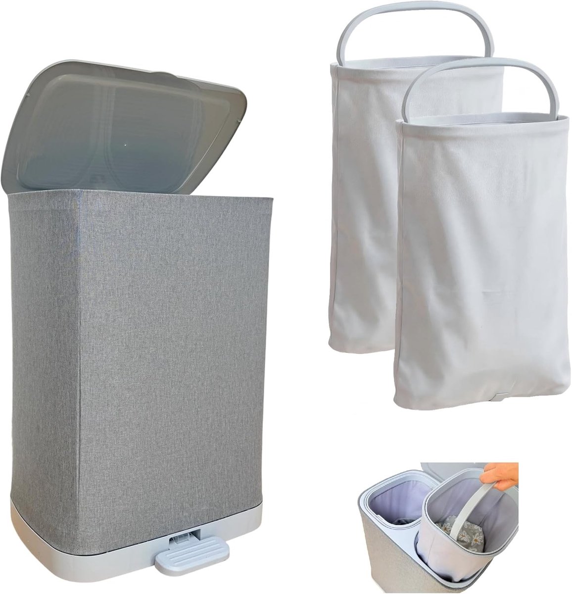 Narrow 50L wasmand met deksel en 2 compartimenten, wasmand met afneembare en wasbare binnenzak, ideaal voor vuile was en organisatie