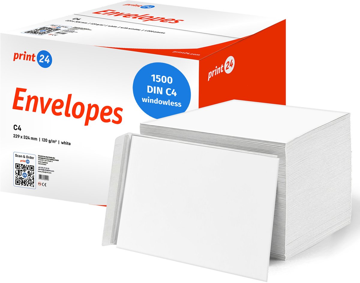 NIEUW: print24 Enveloppen zonder venster, DIN C4, onbedrukt, 1500 stuks