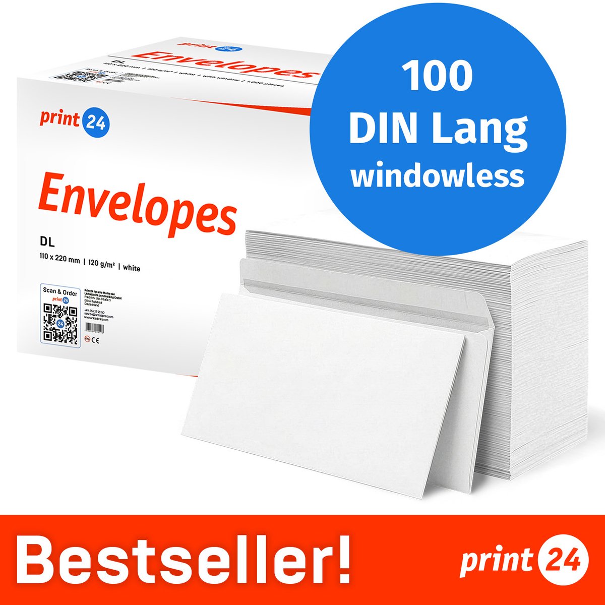 NIEUW: print24 Enveloppen zonder venster, DIN Lang, onbedrukt, 100 stuks