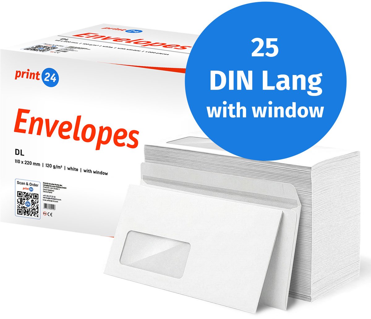 NIEUW: print24 Enveloppen met venster, DIN Lang, onbedrukt, 25 stuks