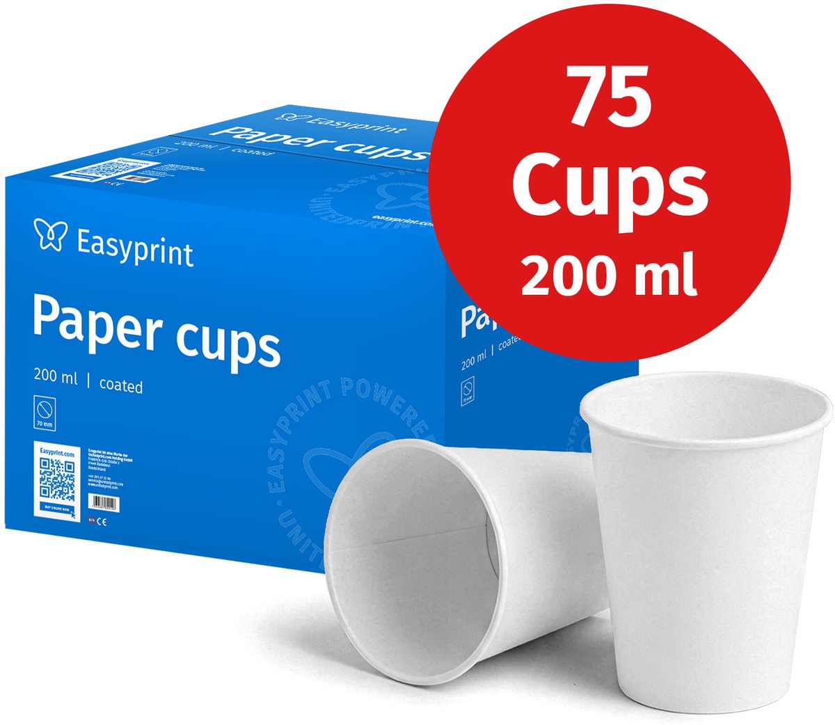 NIEUW: Easyprint Kartonnen bekers, 200 ml, onbedrukt, wegwerpbekers, 75 stuks