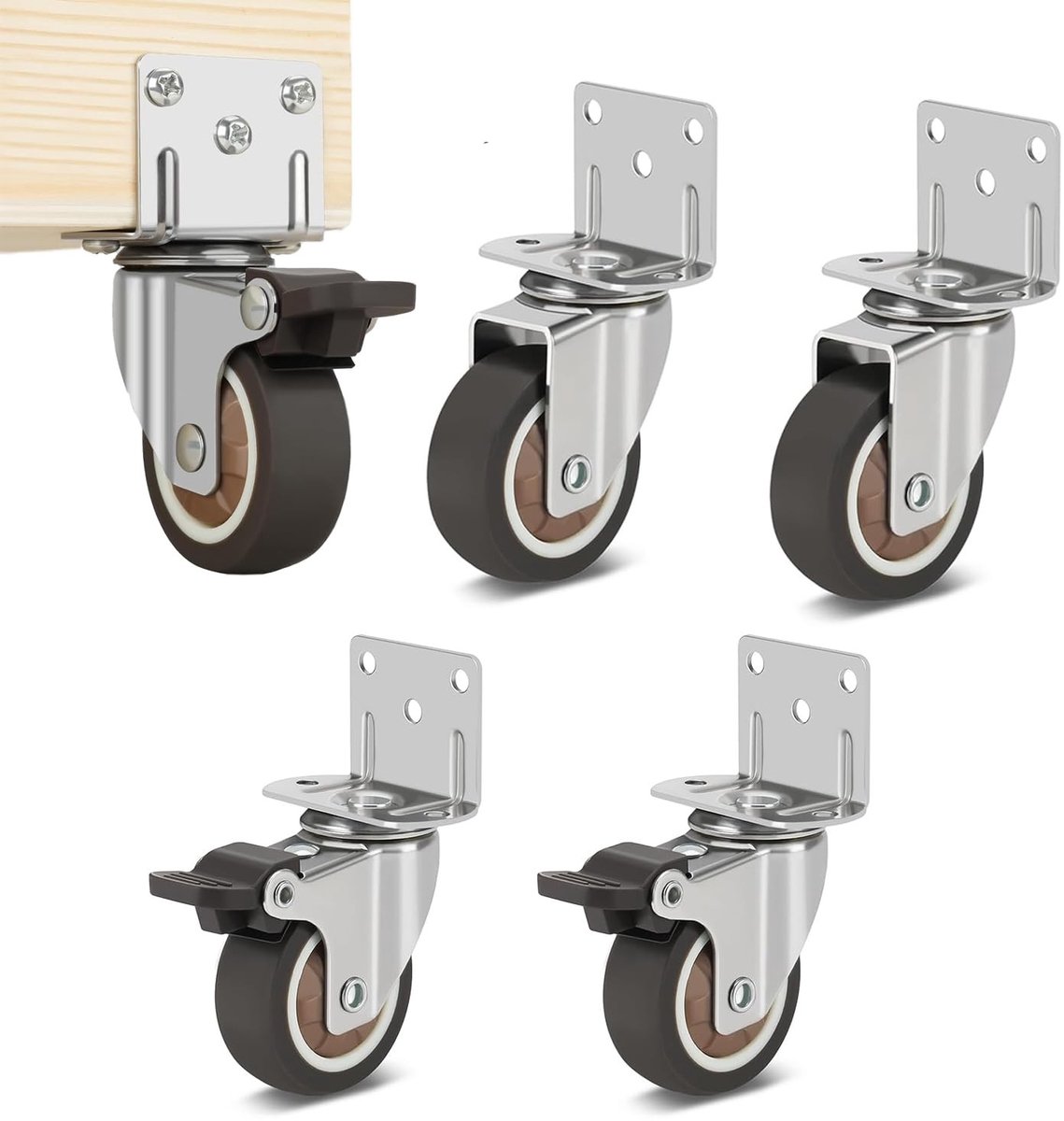 Set van 4 L-vormige meubelwielen met 1,25 inch montageplaat, draaibare rubberen wielen met rem voor meubels en plantenstandaards