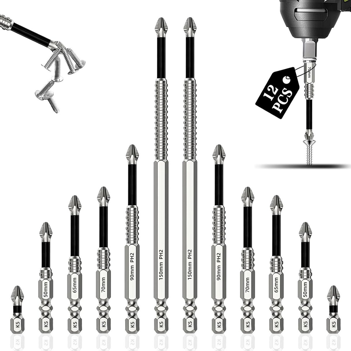 Set van 12 Stuks Magnetische Schroefbits met Anti-Slip, Duurzame Phillips Bits voor Elektrische Boormachines, Geschikt voor Diverse Lengtes van 25 tot 150 mm
