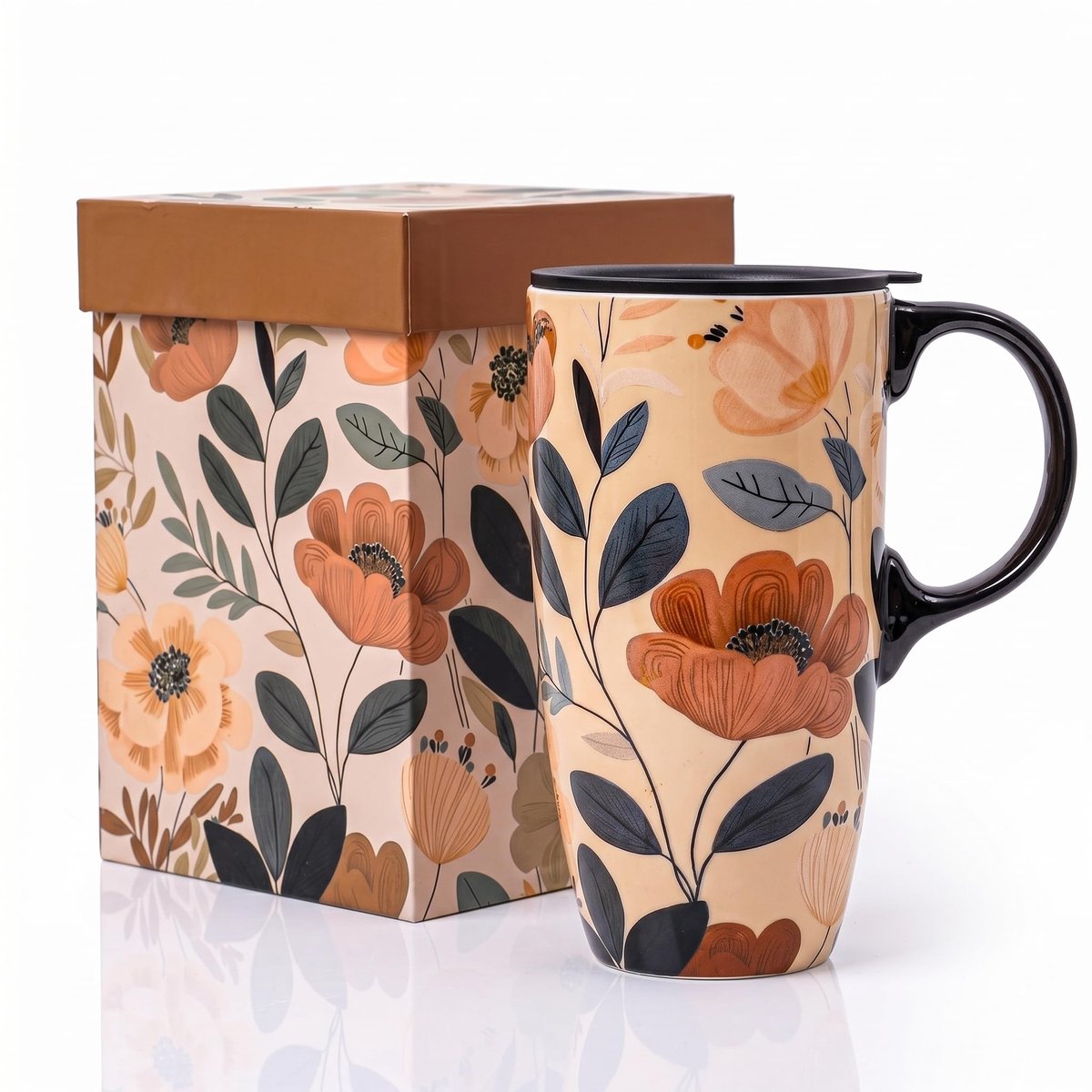 Keramische Koffiemok met Deksel - 500ml Bloemen