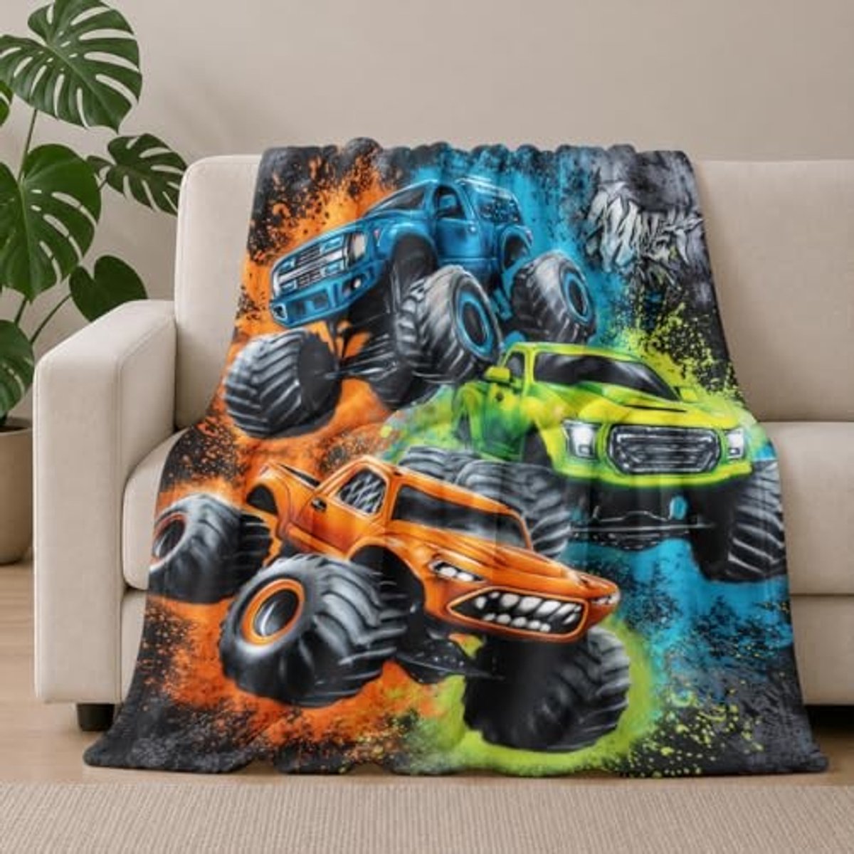 Flanellen Deken met Monstertruck Design - 125 x 150 cm