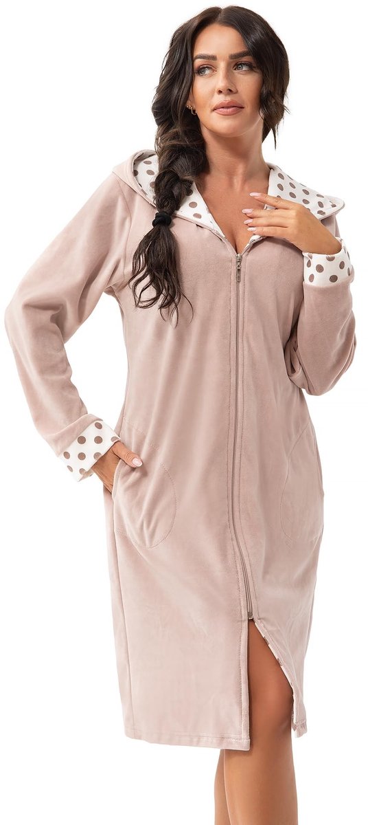 Dames Badjas - Modern Design met Capuchon en Zakken - Beige-ecru - Maat XL