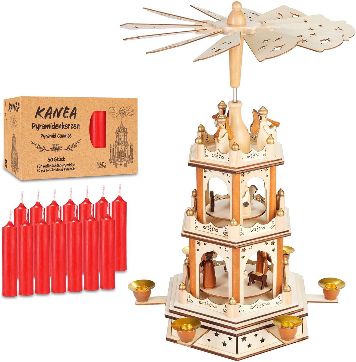Houten Kerstpiramide met 50 Rode Kaarsen - Drie Niveaus en Handgeschilderde Figuren - 45cm
