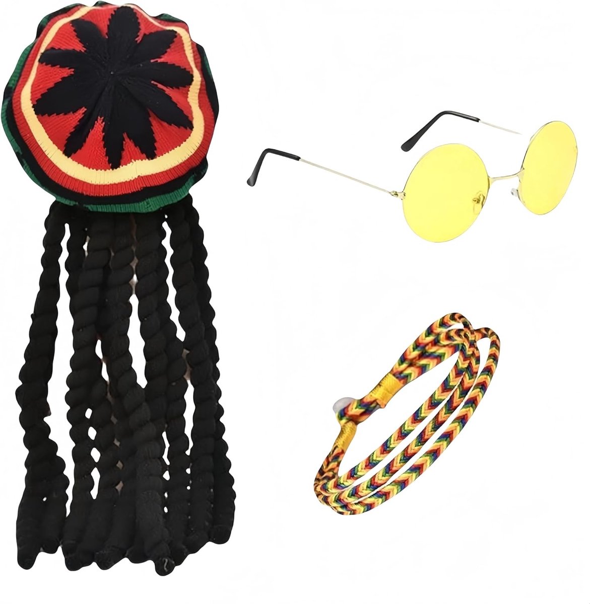 Authentieke Dreadlocks Perukenkap met Gele Zonnebril en Vlechtarmband voor Feestjes, Cosplay en Maskerades
