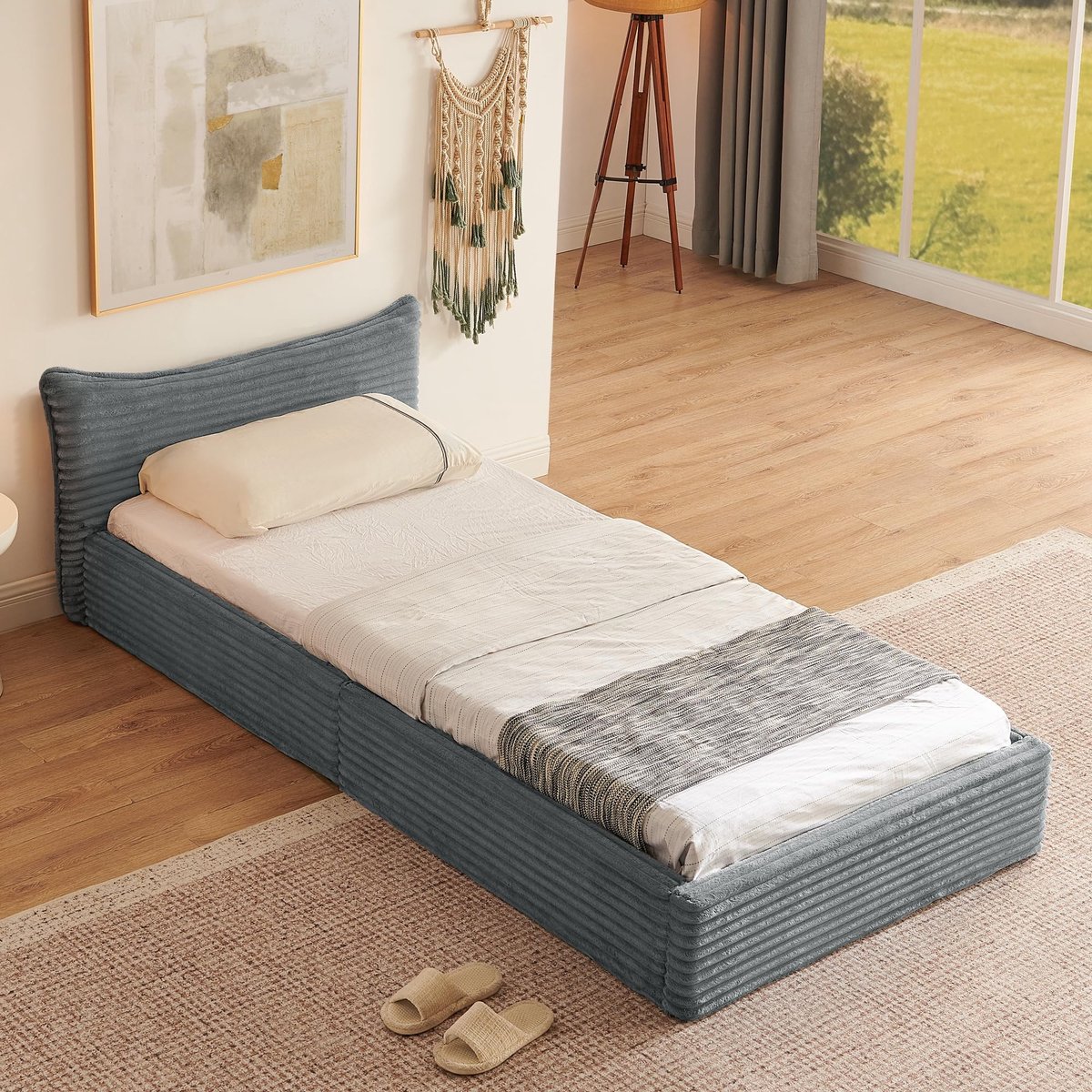Eenpersoonsbed met Chenille Overtrek - Kinderbed van Eucalyptushout - Donkergrijs 90 x 200 cm