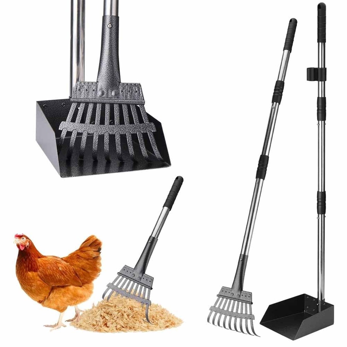 Ergonomische kippenhok accessoires: 2-in-1 kippen schep voor schoonmaken en zeven, verstelbare mestafvoer met ruimtebesparende draaggreep en hark, ideaal voor tuin en kippenhok