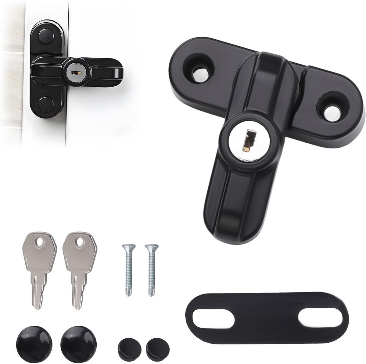 Veiligheidsramen en Deuren: Aluminium Sash Jammer Beveiligingssloten met 2 Sleutels voor UPVC en PVC, Zwart T-vormig Slot
