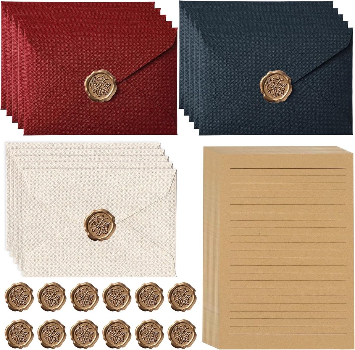 50 stuks briefpapier met enveloppen, 15 linnen enveloppen, 20 A5 briefpapier, vintage papier en 15 waszegels, zelfklevend, voor verjaardagen, bruiloften en uitnodigingen