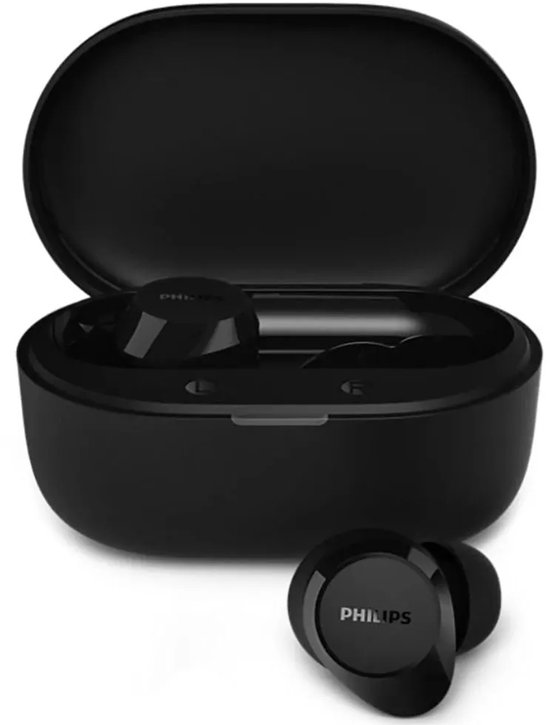 Zwarte Philips oordopjes met oplaadcase. Eén oordopje ligt naast de open case.