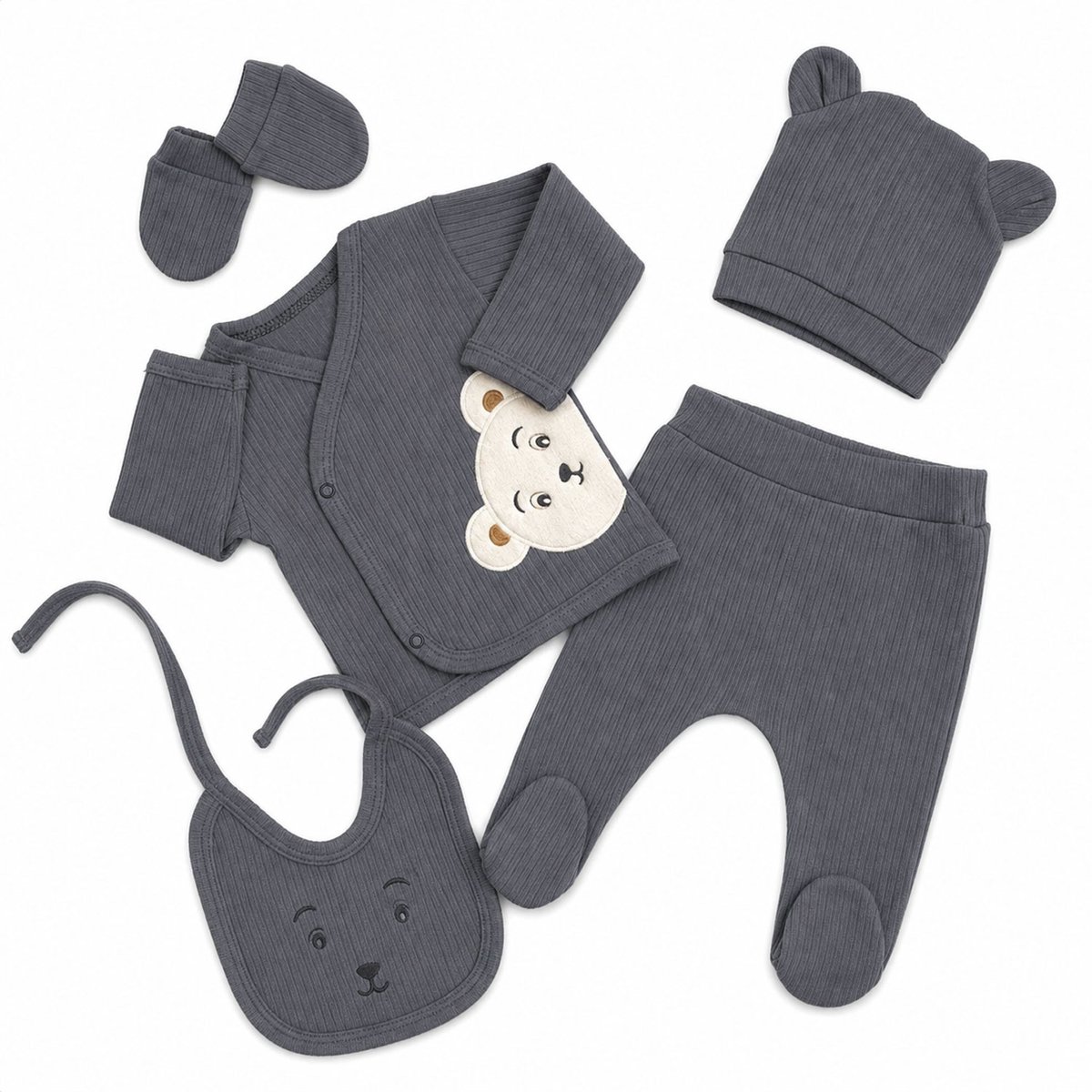 Jungengel Babykledingset Newborn 5-delig - Antraciet Ribstof met Beertje - Kraamcadeau, Babyshower Cadeau en Ziekenhuis Mee-naar-Huis Setje - 0-3 Maanden