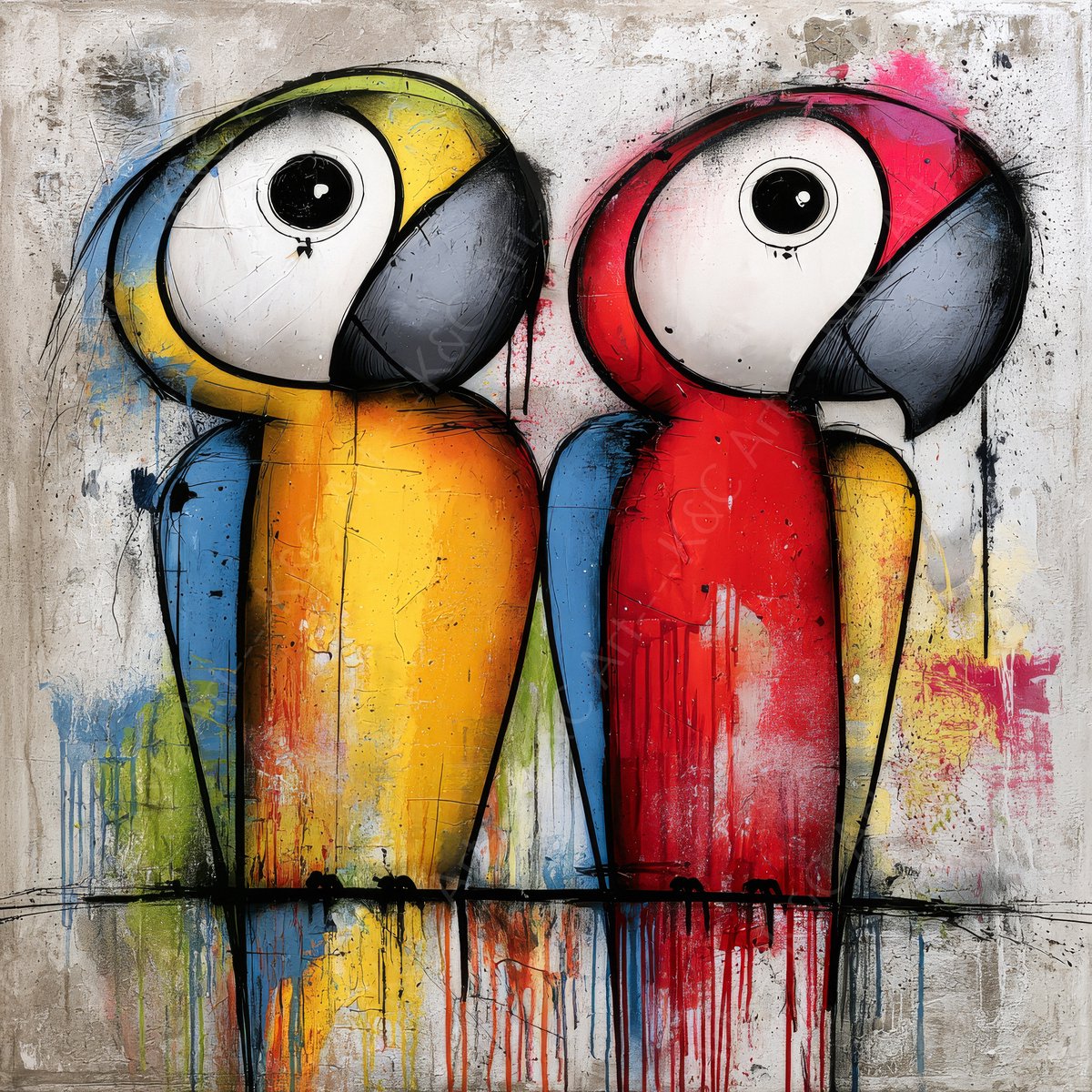 K&C Art (Glasschilderij) 100x100cm | Papegaaien op een tak - vogel - dier - rood - geel - blauw - groen - grijs - wit - zwart | Woonkamer - slaapkamer - kantoor | Foto schilderij print op acrylglas - wanddecoratie - muurdecoratie - wall art