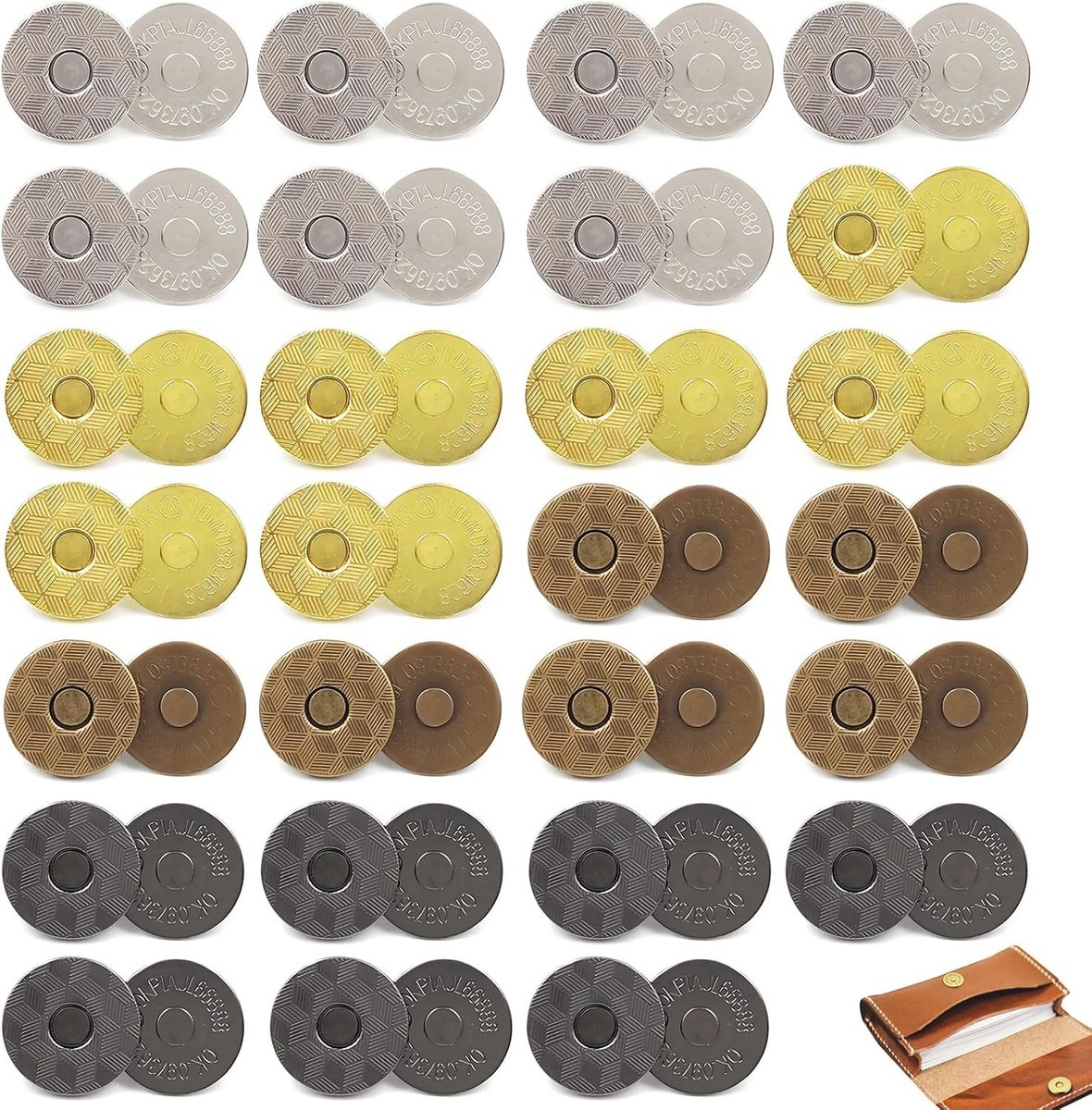 Set van 28 Magnetische Drukknopen 18 mm in Zilver, Brons, Goud en Zwart - Sterke Roestvrije Magnetische Sluitingen voor Tassen, Jassen, Kleding en DIY Projecten