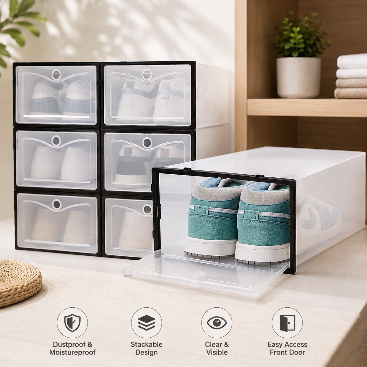 Schoenenbox set van 6 transparant met zwart frame, 32x20,5x12 cm, opvouwbaar