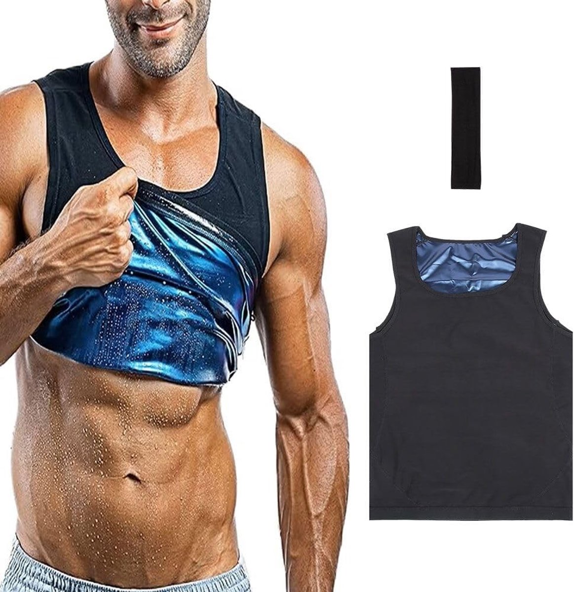 Sauna vest voor heren met haarband, afslankvest voor gewichtsverlies, zweetshirt voor fitness, 2XL/3XL, ideaal voor sporten en sauna