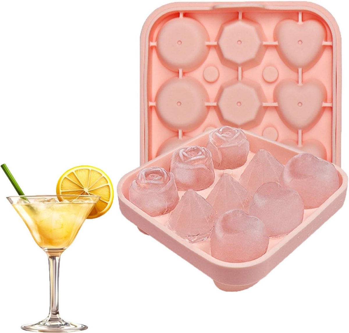 Siliconen ijsblokjesvorm met deksel voor 3 hartvormige en 3 diamantvormige ijsblokjes, perfect voor cocktails en dranken