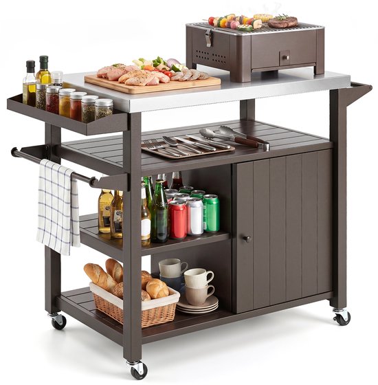 SureDeal® - Barbecue - Grillwagen Wielen Grilltafel - Roestvrijstalen Serveerwagen - Planken - Kast - Kruidenrek - 116x50x87 cm - Bruin van SureDeal® — afbeelding 4
