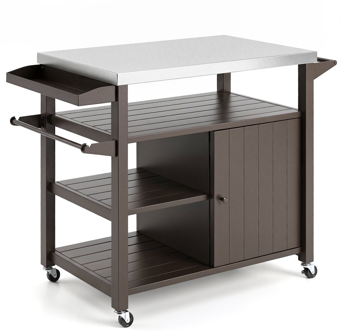 SureDeal® - Barbecue - Grillwagen Wielen Grilltafel - Roestvrijstalen Serveerwagen - Planken - Kast - Kruidenrek - 116x50x87 cm - Bruin