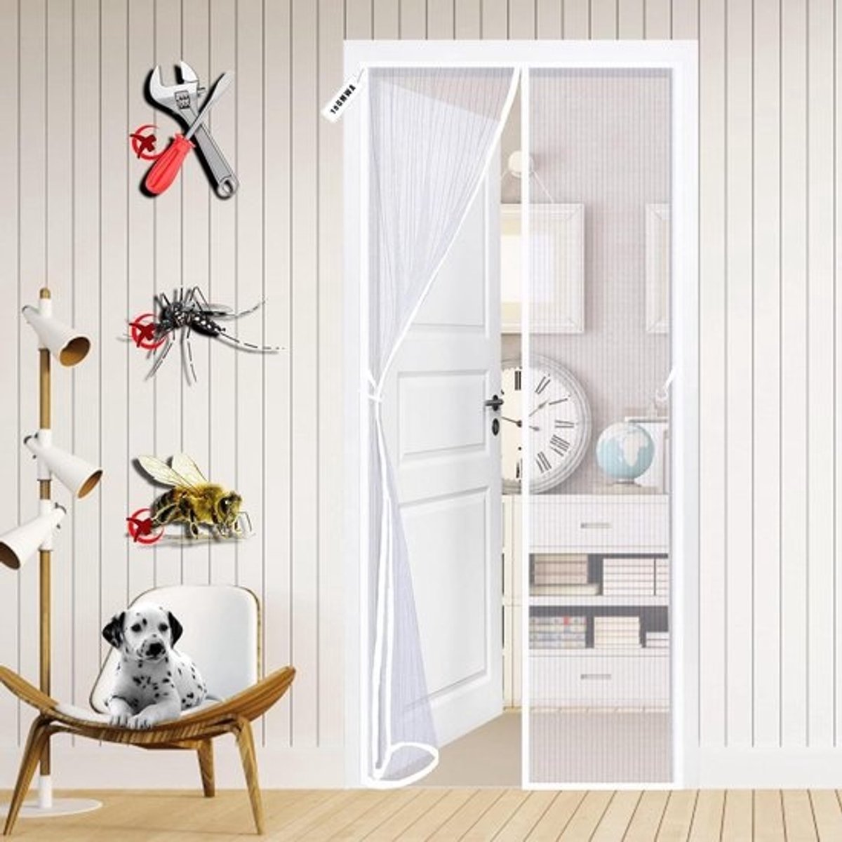 Magnetische hordeur - Vliegendeur Gordijn - Insecten buiten houden - Volledig frame klittenband - 95 x 210 cm - Wit