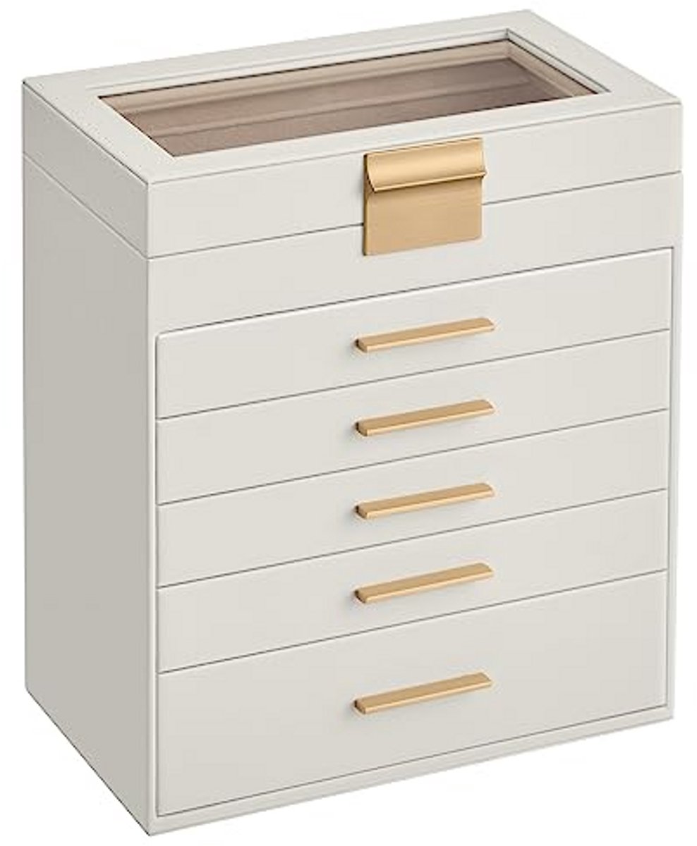 Sieradendoos met 6 Lagen, 5 Laden en Glazen Deksel, Grote Juwelen Organizer voor Sieraden en Zonnebrillen, Modern Design