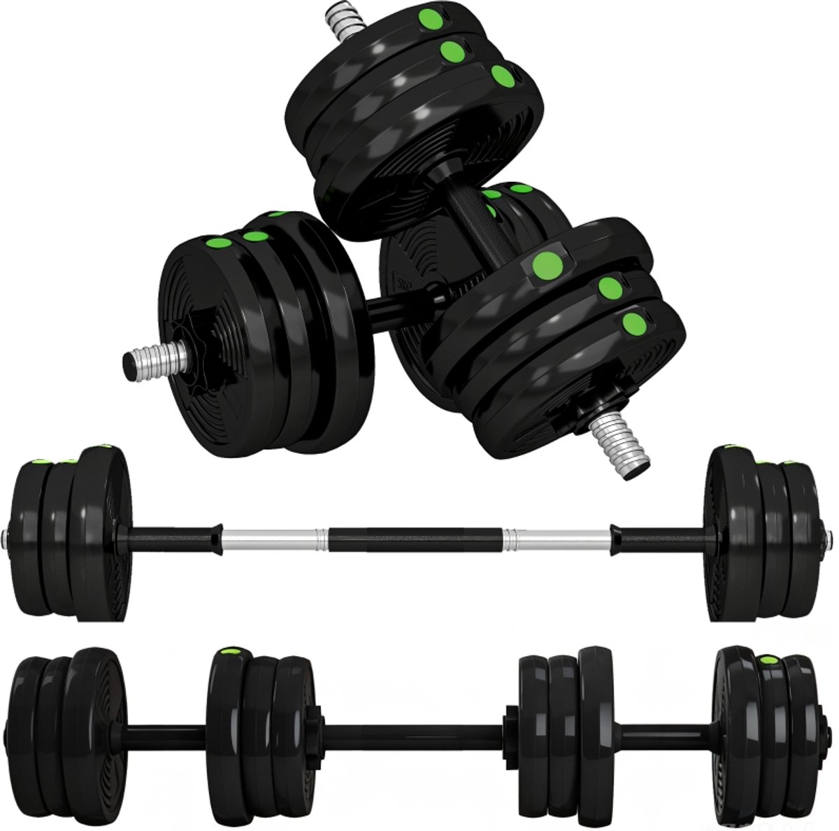 Verstelbare Dumbbell Set 20kg Zwart Groen 2-in-1 Halter en Barbell Antislip Grepen Kunststof Gecoat voor Thuis Fitness