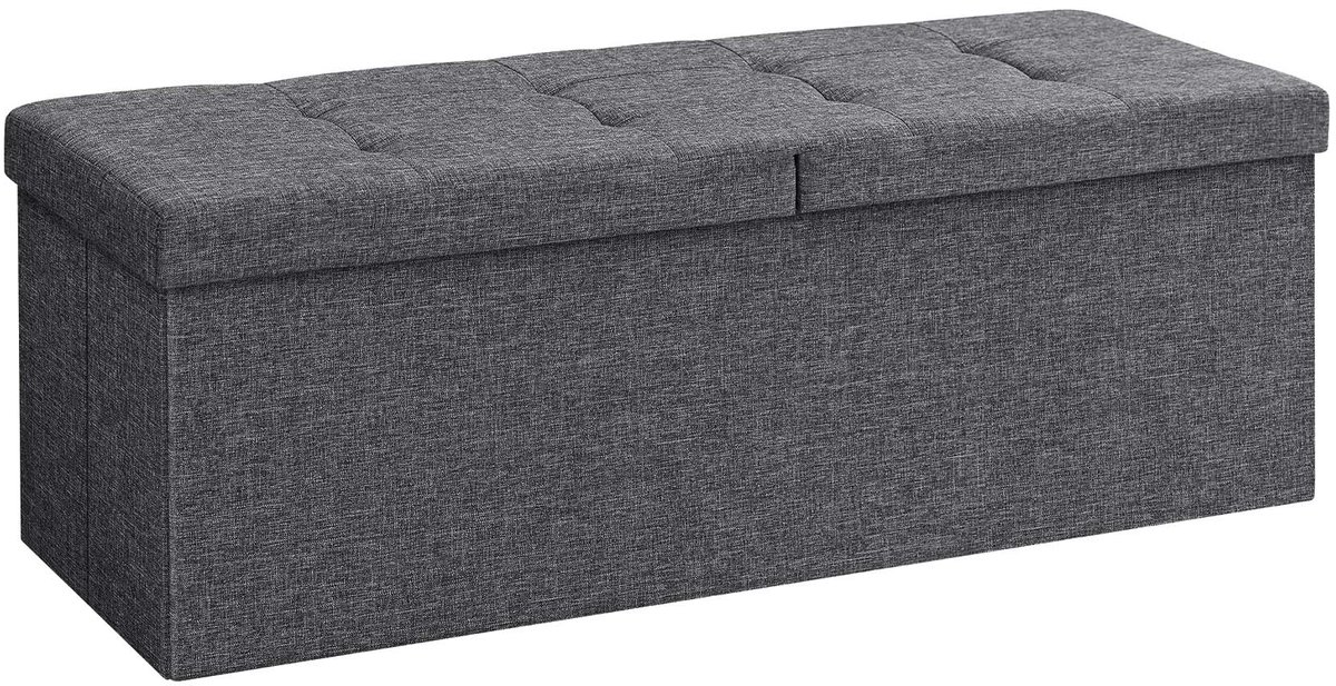 Opbergpoef 110 x 38 x 38 cm Donkergrijs 120L grote opbergruimte Dubbelzijdig opklapbaar deksel Opvouwbaar ontwerp voor ruimtebesparing Max. statische belasting 300 kg Zachte comfortabele zitting Geschikt voor woonkamer slaapkamer en hal