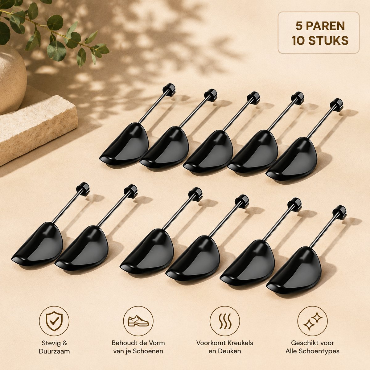 10-pack schoenspanners voor sneakers en nette schoenen, verstelbaar, voorkomt kreuken, zwart
