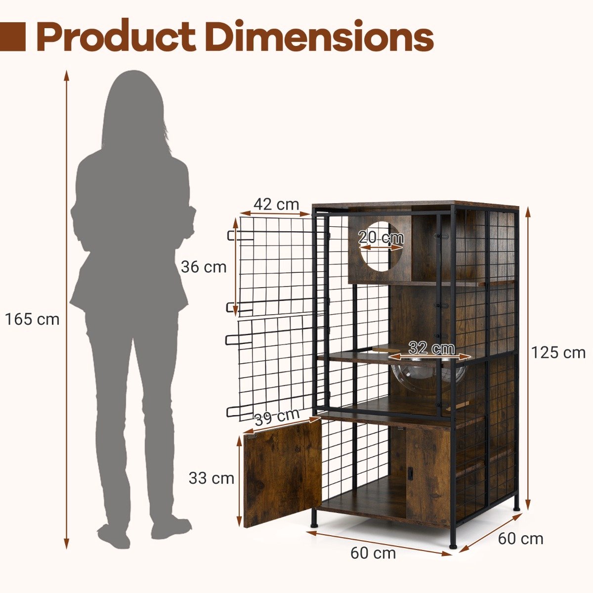 SureDeal® - Kattenhuis - Moderne Kattenkooi - Meerdere Verdiepingen - Metalen Bruin - 60x60x125 cm - bruin