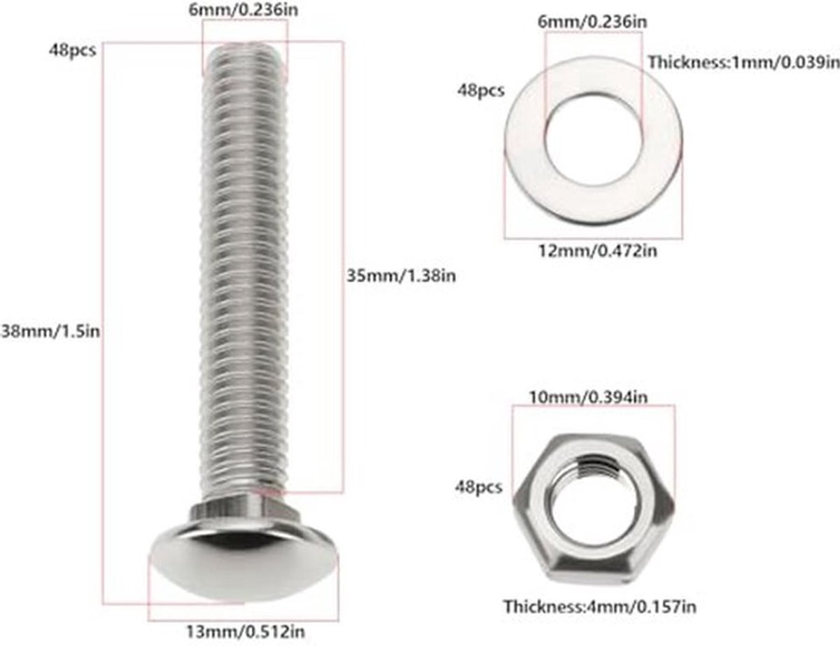 48 sets M6 x 35 moeren, bouten en ringen, bevestigingsset voor hardhouten banklatten, geschikt voor een dikte van ca. 17 mm-21 mm, rustieke eikenhouten bank