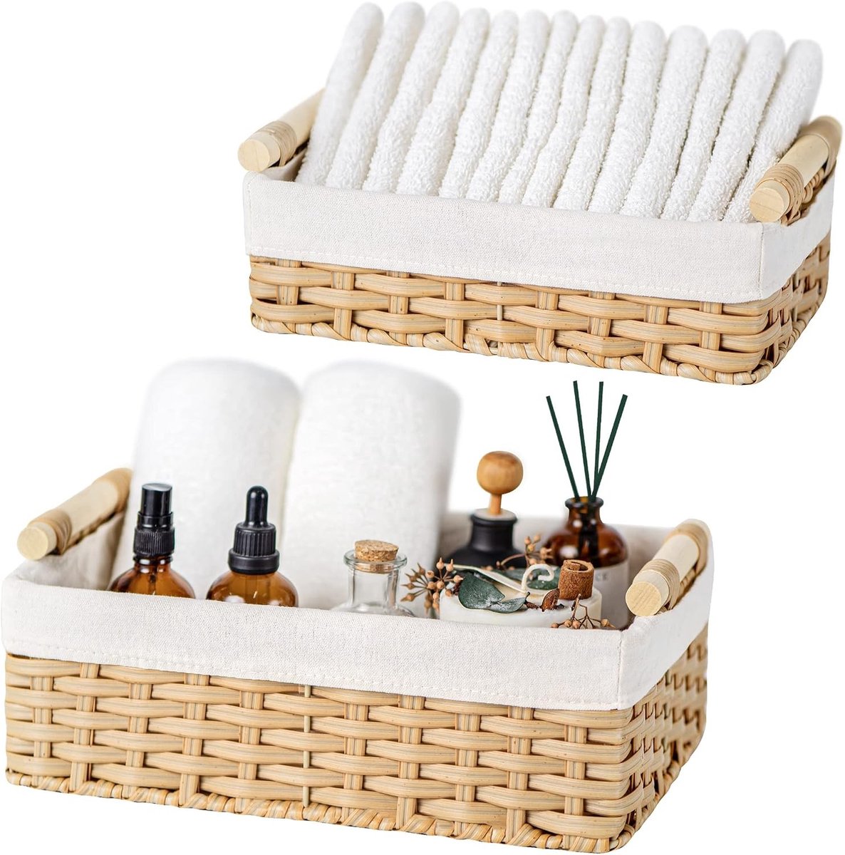 Wicker Baskets met Liner voor Organisatie, Rieten Opbergmanden voor Planken, Kleine Decoratieve Mandjes voor Thuisdecoratie, Set van 2 voor Badkameropslag en Organisatie