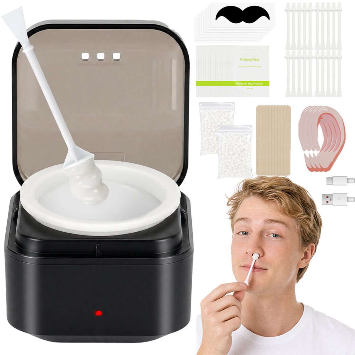 Wax Apparaat set met 100 g Bonen - Ontharingsset - Wax Heater - Wax Beans Verwarmer - USB - Incl. 20 Stokjes - Neus Wax Beans Starter Set - Voor Neus & Oren & Wenkbrauwen - Thuis & Reis
