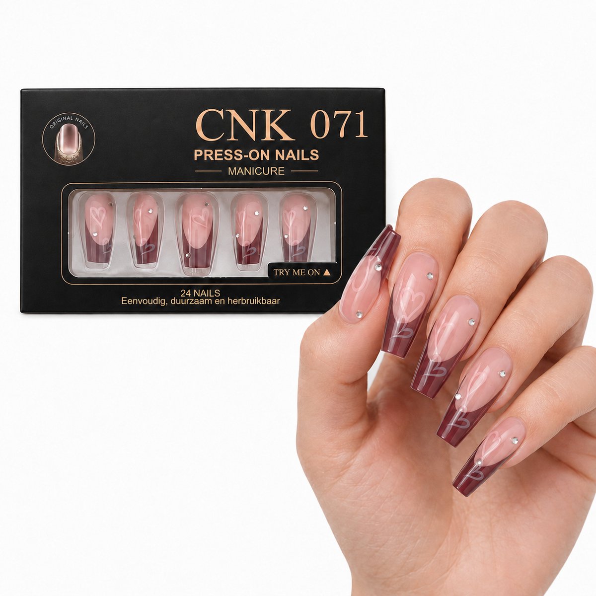 CNK 071 Press On Nails – Lange Coffin Plaknagels – Roze Nude met Bordeauxrode Tips, Hartjes en Strass – 24 Kunstnagels met Nagellijm en Plakstickers