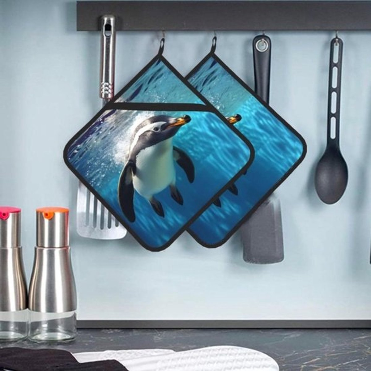 Pannenlappen Set - Ovenwanten Keuken - Veilig Koken - Met Handige Zak - 20 x 20.5 cm - Zwart