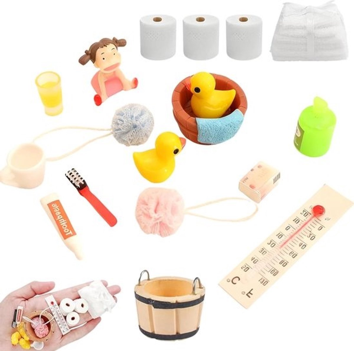 Kabouter Badkamer Accessoires - Poppenhuis Badset - Poppenhuis Inrichten - Compleet 18-delig - Schaal 1:12 - Meerkleurig