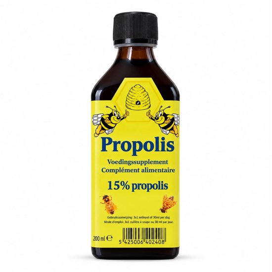Bouteille jaune avec Propolis, Complément alimentaire, 15% propolis, 200ml. Deux abeilles sur la bouteille.