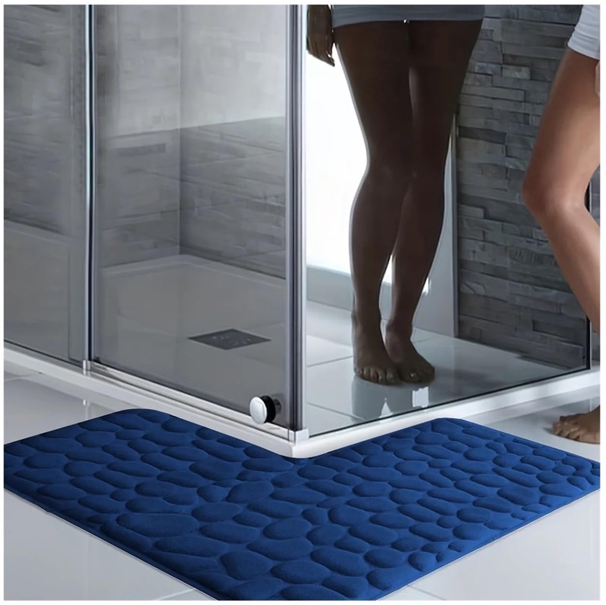 L-vormige Badmat - Absorberend en Antislip - Blauw, 75 x 75 x 45 cm