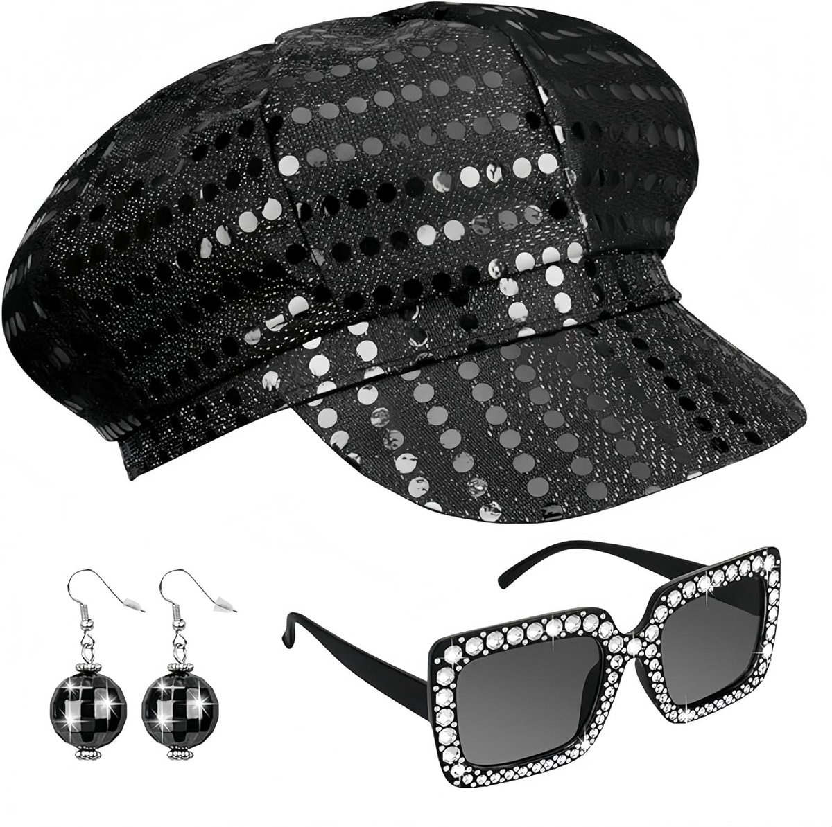 Set van 3 stuks: Glanzende discohoed met pailletten, vierkante bling zonnebril en kostuumaccessoires voor themafeesten, verjaardagen en dansactiviteiten voor vrouwen