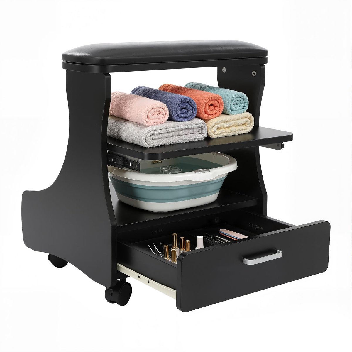 Mobiele Pedicurestoel met Voetensteun - 3-niveaus opbergwagen, zwart