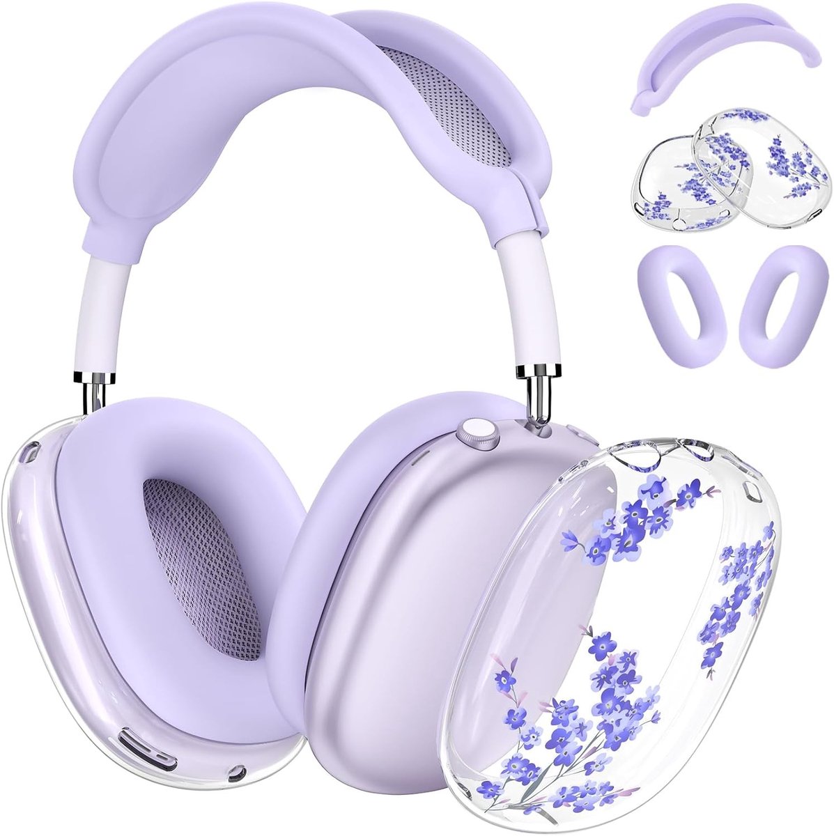 Set van 5 Transparante Silicone Hoesjes voor AirPods Max Hoofdtelefoon, Beschermende TPU Cases met Bloemmotief, Zachte Oorbeschermers voor Draagcomfort en Stijl