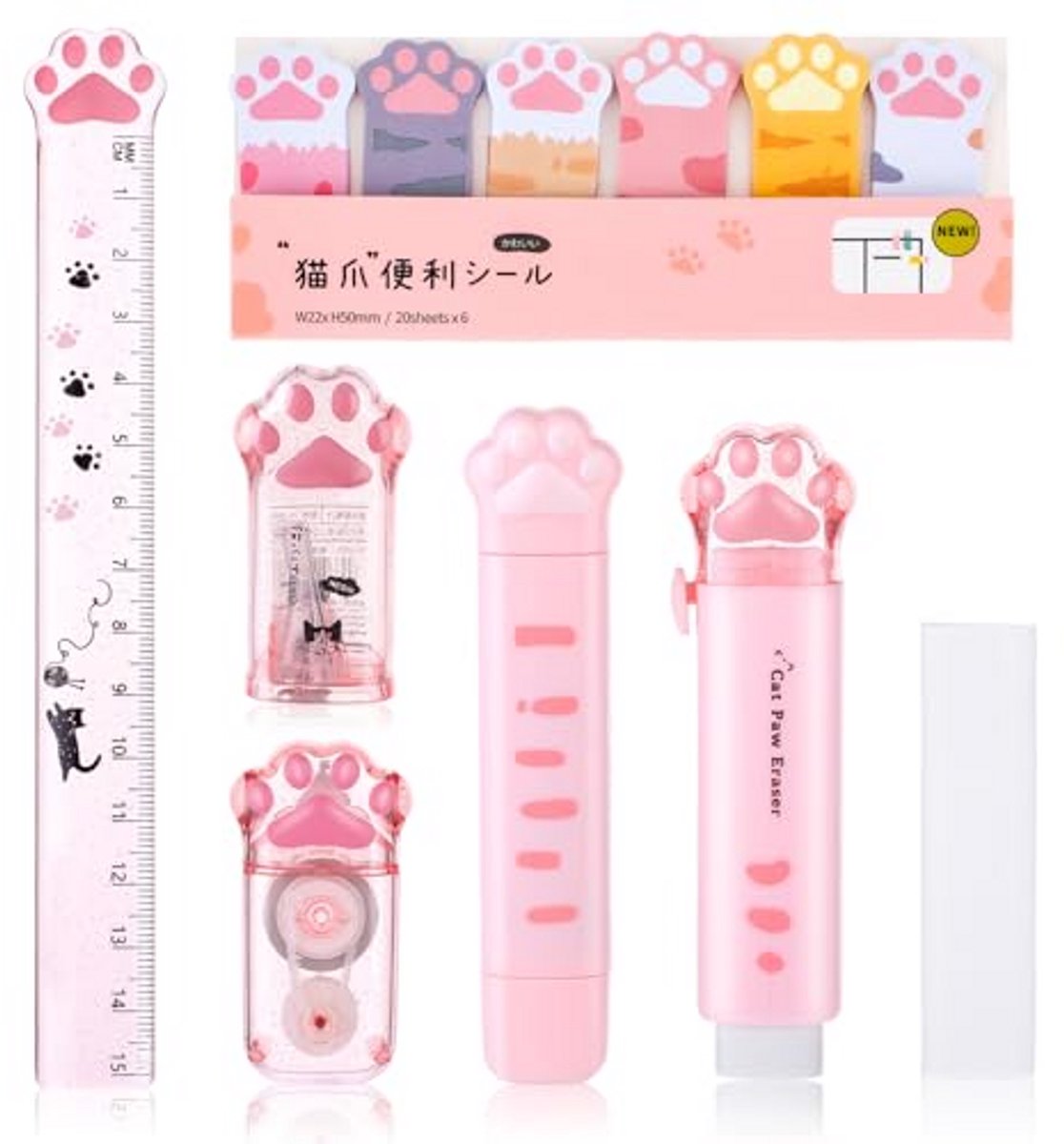 Schrijfwaren Set 7 Stuks, Kawaii Kattenpoot Thema, Potloodslijper, Gum, Correctietape, Plaknotities en Liniaal, Schoolbenodigdheden