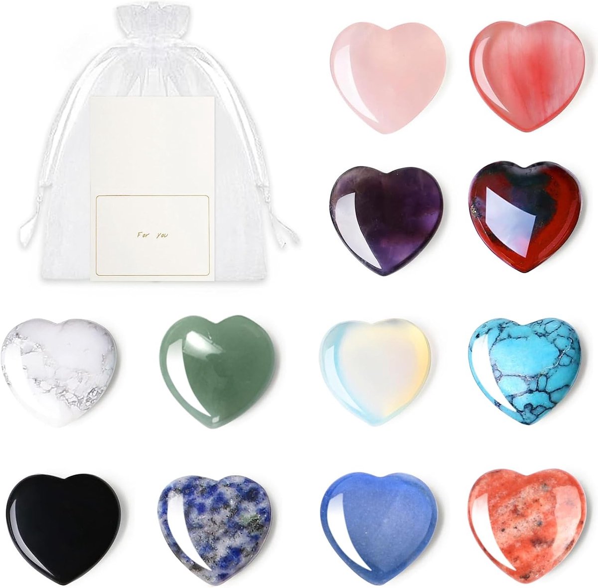 Set van 12 geluksstenen voor kinderen met edelstenen, betekenisvolle cadeaus in organza zakjes, verjaardagscadeaus en educatieve speeltjes