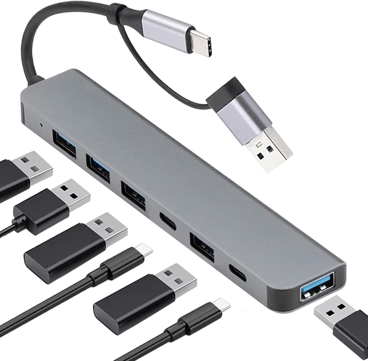 Veelzijdige 8-in-1 USB C Hub met Dual USB 3.0 en Type C Aansluiting, Multi Port Adapter met SD/TF Lezer voor Snelle Gegevensoverdracht en PC Accessoires