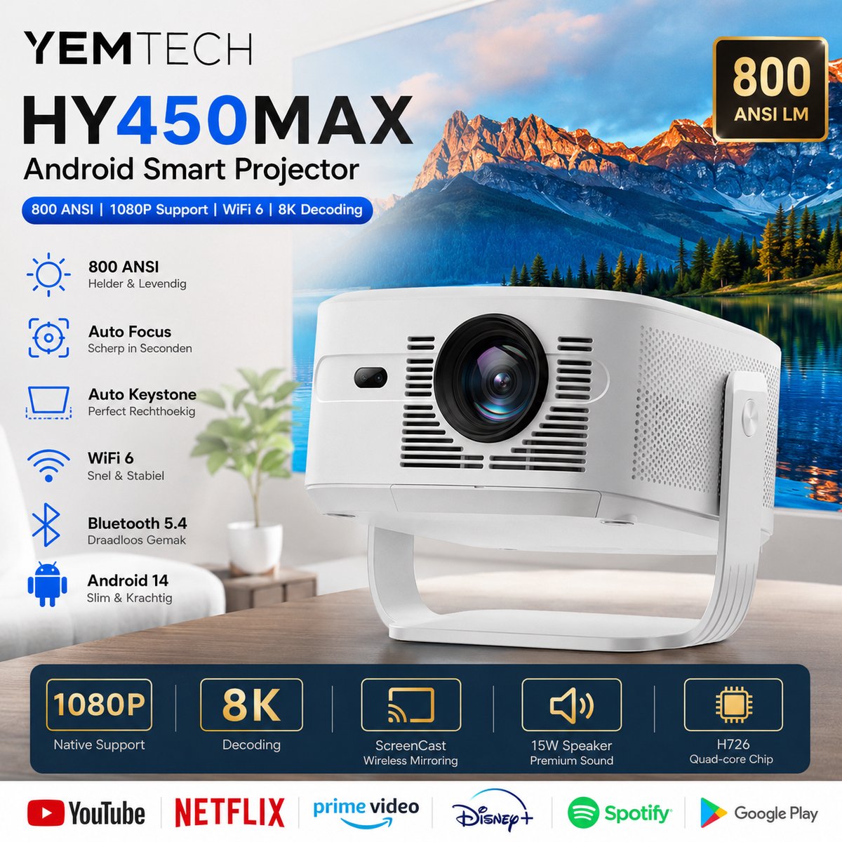 Yemtech® Thuisbioskoop Projector – Mini Beamer – HY450max – 800 ANSI Lumen – Full HD 1080P – 8K Ondersteuning – Android 14 – WiFi 6 – Bluetooth 5.4
