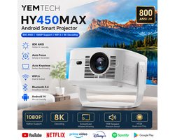 Yemtech® Thuisbioskoop Projector – Mini Beamer – HY450max – 800 ANSI Lumen – Full HD 1080P – 8K Ondersteuning – Android 14 – WiFi 6 – Bluetooth 5.4